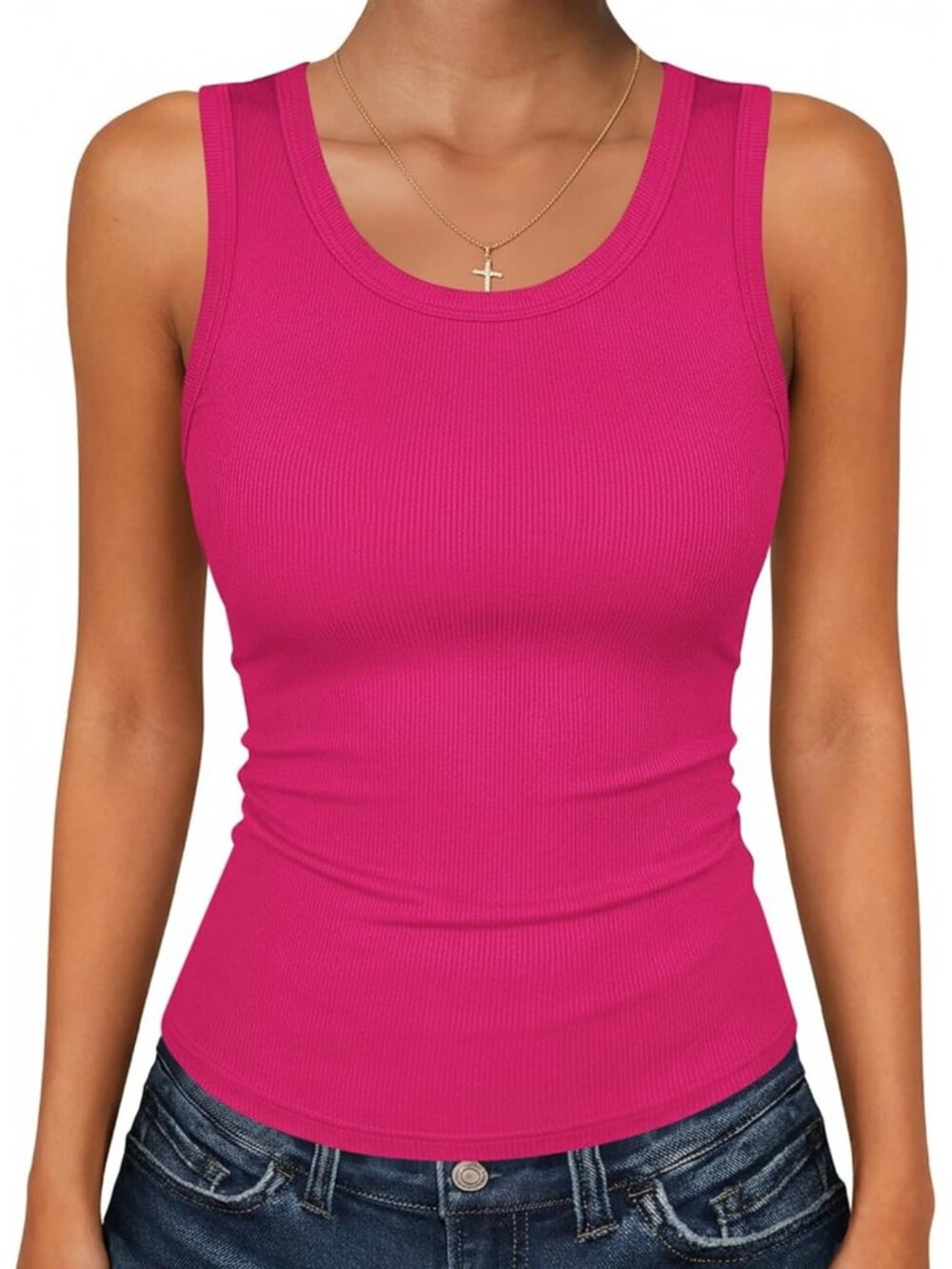 Women's Rose Pink Scoop Neck Ribbed Sleeveless Top Shirts Slim Fitted Tank Tops
